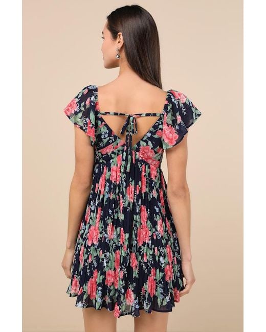 Lulus Blue Amalfi Coast Dark Floral Pleated Flutter Sleeve Mini Dress