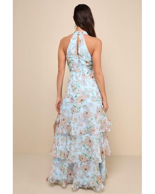 Lulus Blue Forever Exceptional Light Floral Halter Organza Maxi Dress