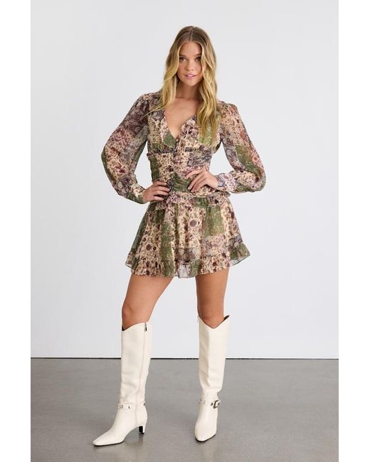 Lulus Brown Ismini Multi Patchwork Long Sleeve Mini Dress