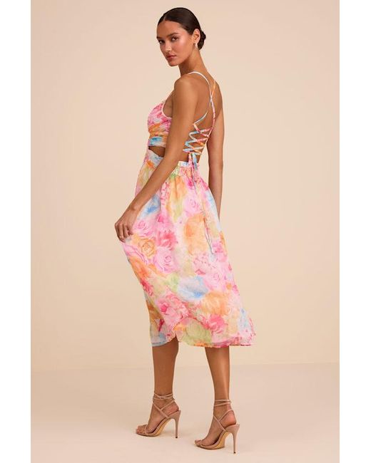 Lulus Pink Ettalie Multi Floral Lace-Up Midi Dress