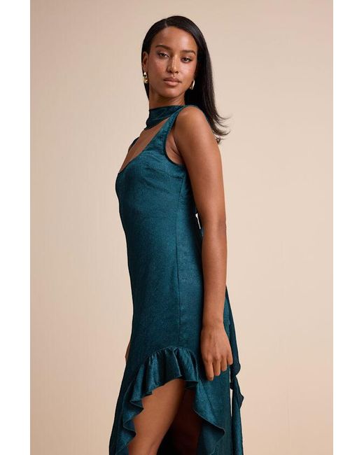 Lulus Blue Adelise Satin Ruffled Sash Scarf Maxi Dress