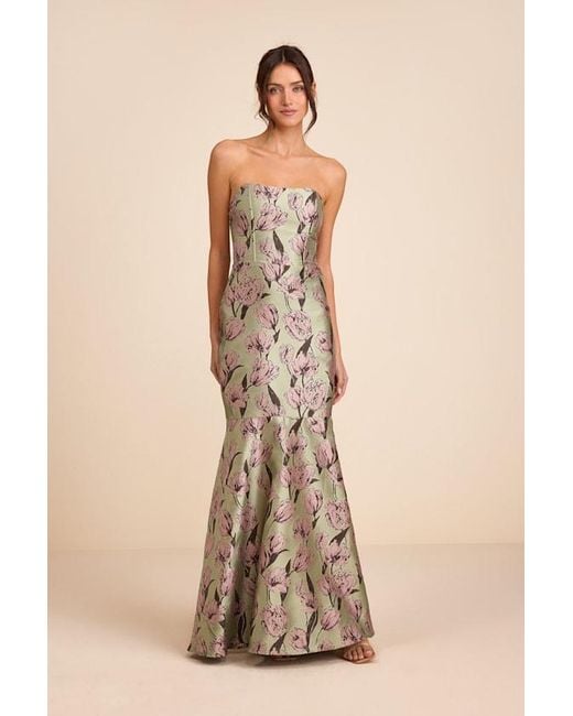 Lulus Brown Gowning Around Sage Floral Jacquard Strapless Maxi Dress