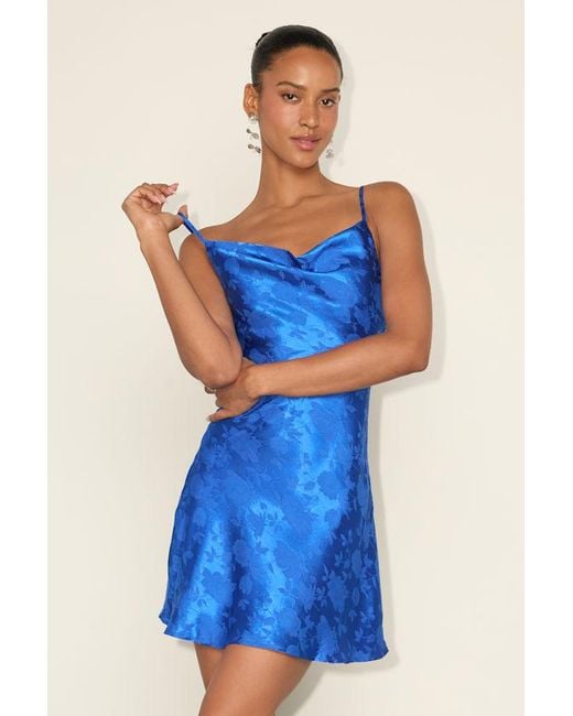 Lulus Blue Close To Your Heart Satin Jacquard Cowl Slip Dress