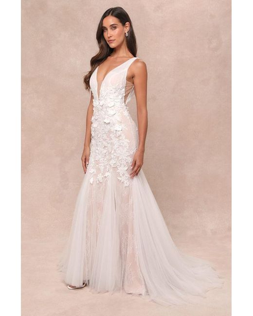 Lulus Natural Exceptional Vow Tulle Lace Applique Mermaid Maxi Dress
