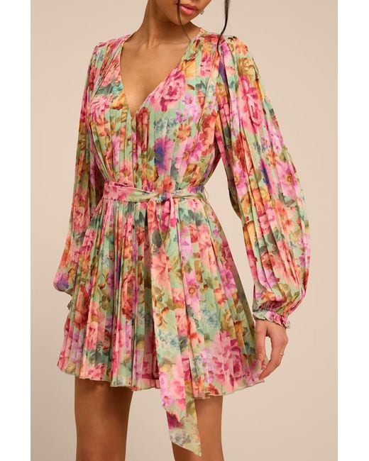 Lulus Red Dalila Sage Multi Floral Pleated Shift Mini Dress