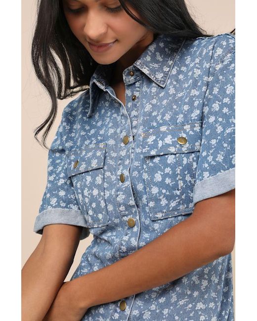 Lulus Blue Renske Light Wash Denim Floral Button-Front Mini Dress