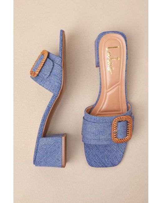 Lulus Blue Calendre Denim Buckle Low Heel Slide Sandals