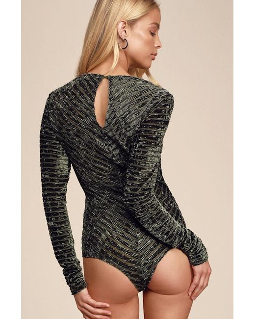 Lulus Green Save The Date Velvet Striped Long Sleeve Bodysuit