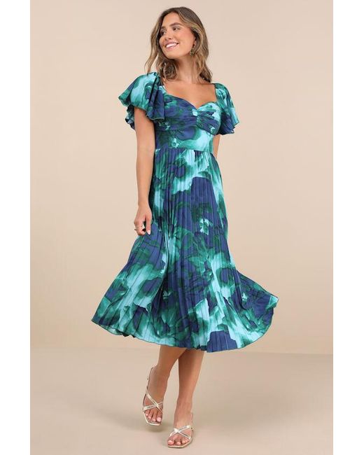 Lulus Blue Authentically Yours Multi Abstract Print Satin Midi Dress