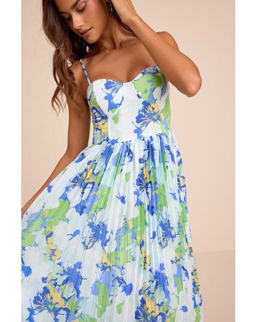 Lulus Blue Dorothy Multi Floral Print Pleated Midi Dress