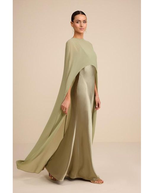 Lulus Cavana Sage Satin Cape Maxi Dress in Natural | Lyst