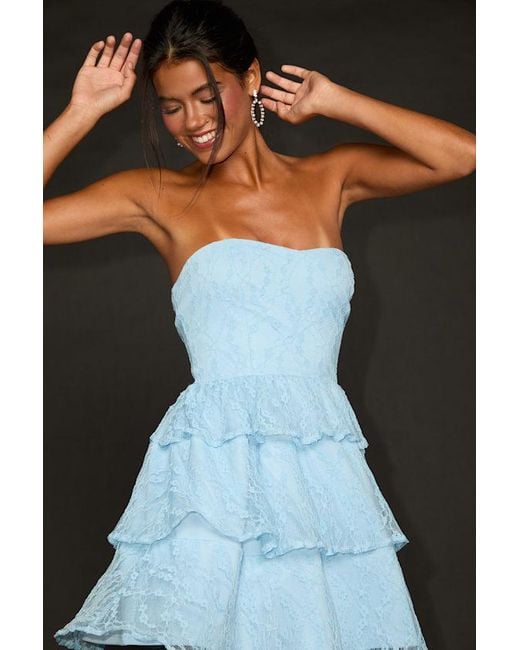 Lulus Black Sweet Perception Lace Strapless Tiered Mini Dress