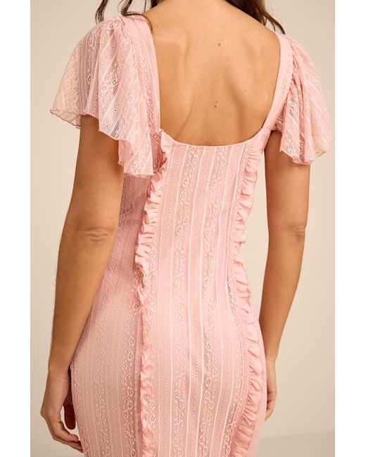 Lulus Pink Aviara Lace Ruffled Flutter Sleeve Midi Dress