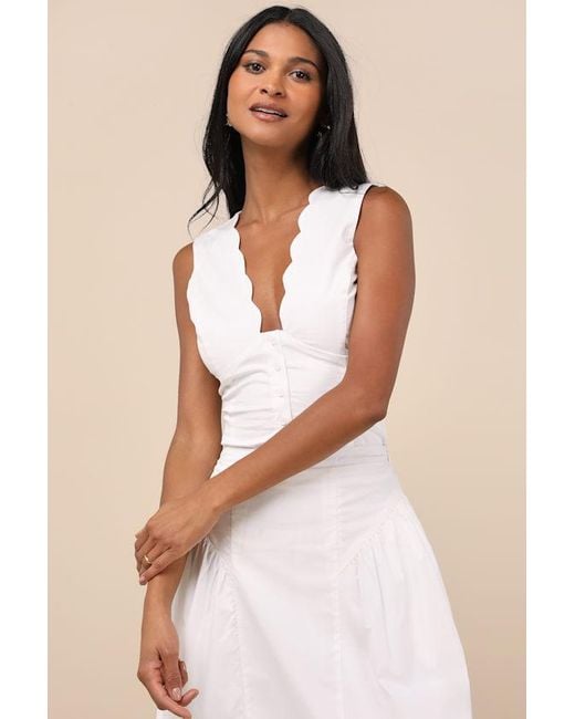 Lulus Natural Seasonally Lovely Scalloped Button-Front Poplin Top