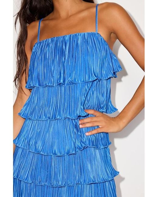 Lulus Blue Flores Bright Plisse Tiered Mini Dress