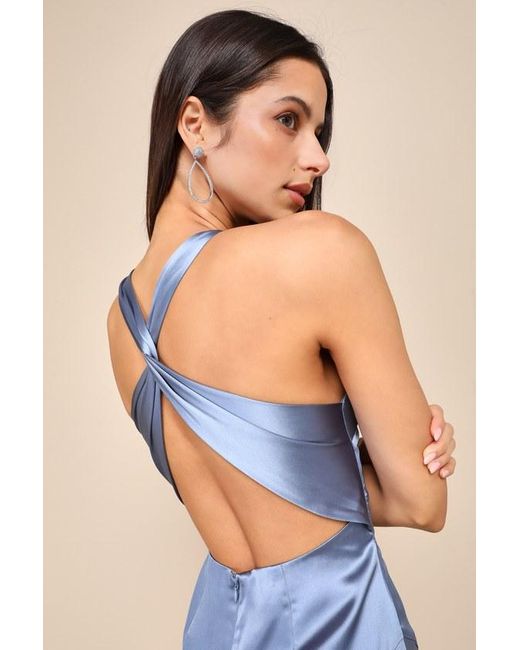 Lulus Blue Purely Elegant Slate Satin Twist-Back Maxi Dress