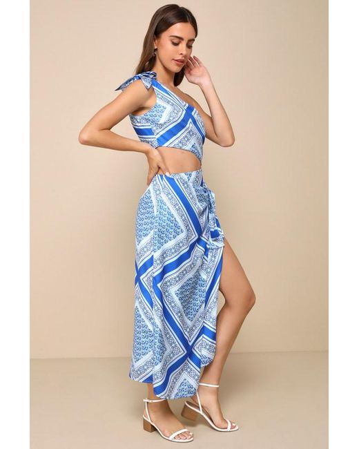 Lulus Blue Vacay Beauty Scarf Print One-Shoulder Tie-Strap Midi Dress