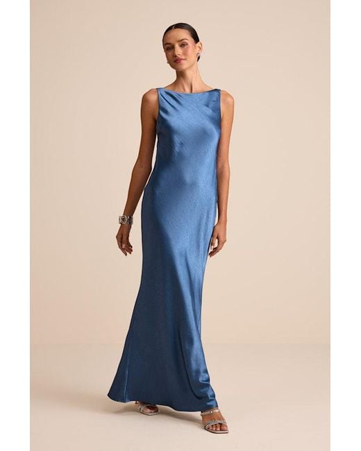blue dress for baby girl Slate Blue Chiffon Ruffled Slit Strappy Back Long Bridesmaid Prom Dress