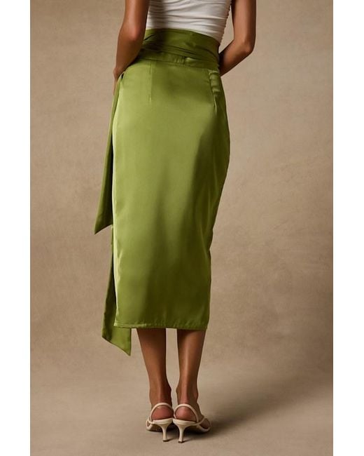 Lulus Green Take A Walk With Me Satin Wrap Midi Skirt