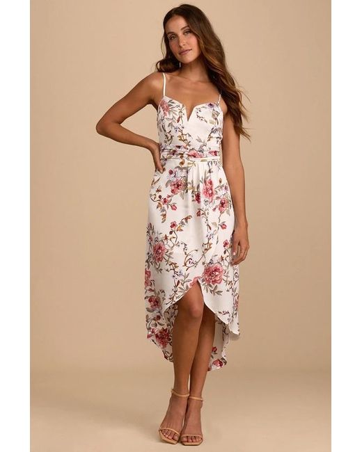 Lulus Natural My Favorite Day Floral Print Tulip Skirt Midi Dress