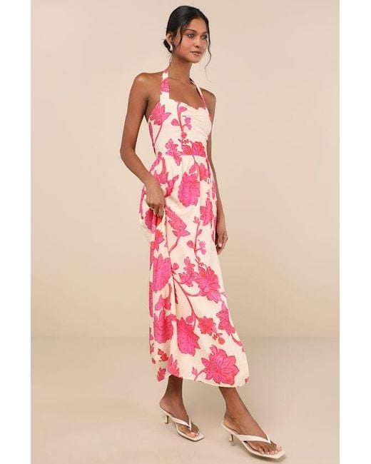 Lulus Pink Layton And Cream Floral Halter Maxi Dress