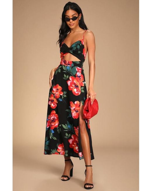 Lulus Red Tropical Blooms Floral Print Tie-Back Cutout Dress
