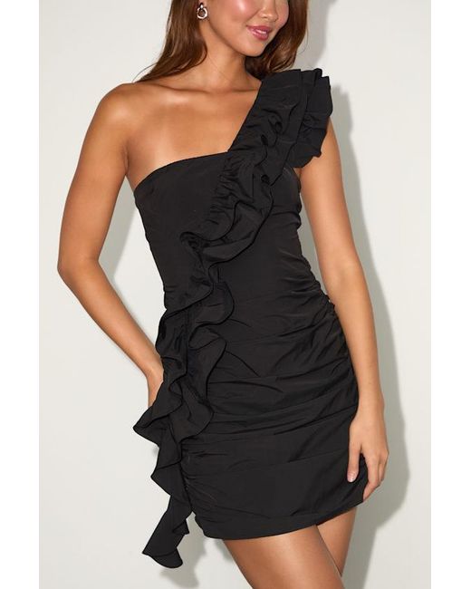 Lulus Black Cari Taffeta Ruffled One-Shoulder Mini Dress