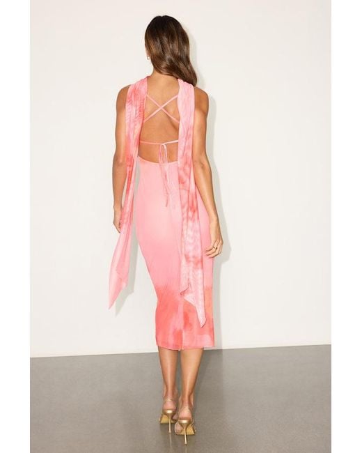 Lulus Pink Morena Abstract Mesh Sash Scarf Midi Dress