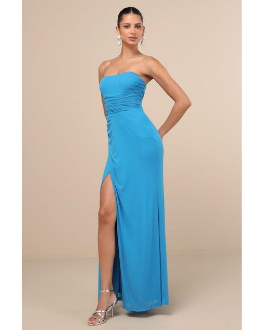 Lulus Blue Epitome Of Allure Bright Mesh Strapless Ruched Maxi Dress