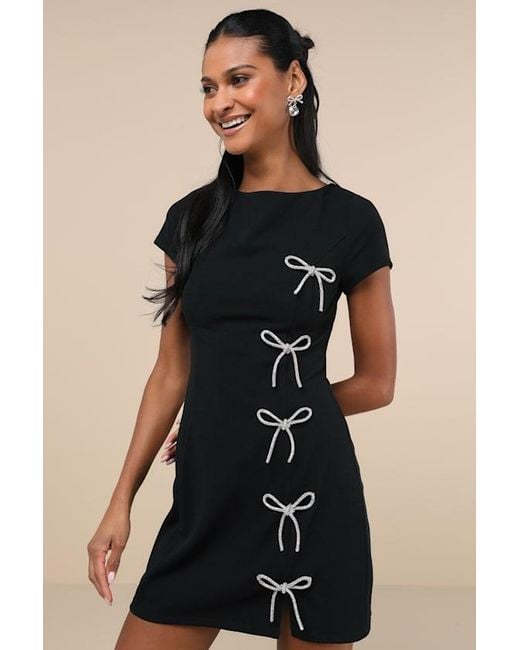 Lulus Black Endearing Sparkle Rhinestone Bow Mini Dress