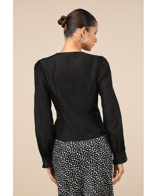 Lulus Black Advanced Style Pleated V-Neck Long Sleeve Top