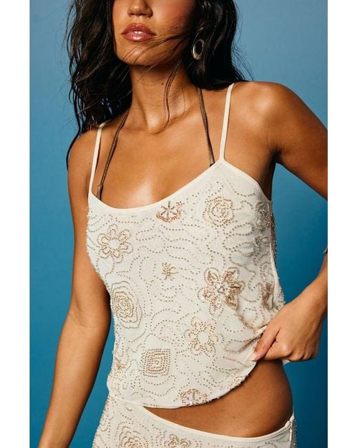 Lulus Blue Abara Cream Mesh Beaded Cami Top