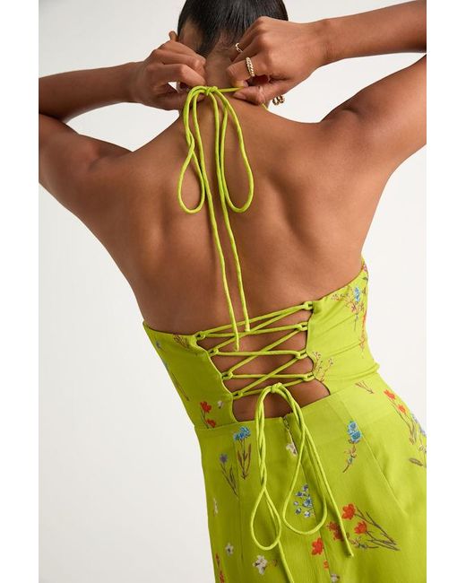 Lulus Yellow Catch The Bouquet Lime Floral Halter Lace-Up Mini Dress