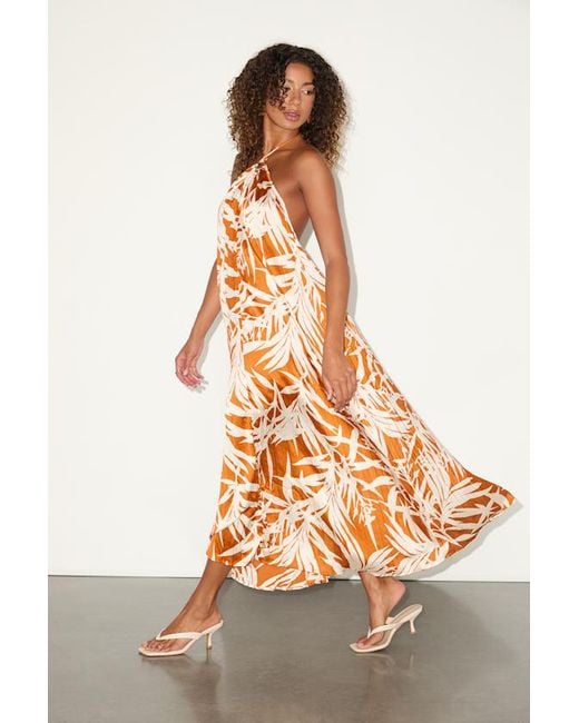 Lulus Orange Kalena Tropical Print Pleated Halter Maxi Dress