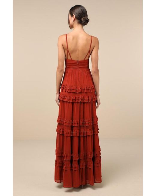 Lulus Lavish Perfection Rust Ruffled Tiered Maxi Dress | Lyst