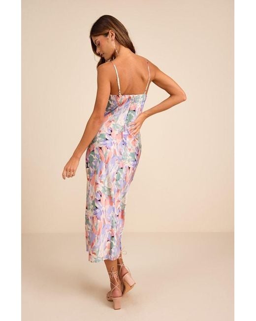Lulus Pink Favorite Icon Floral Satin Cowl Neck Slip Midi Dress