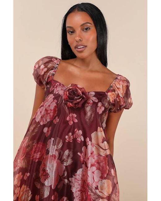 Lulus Red Cute Flair Wine Floral Organza Puff Sleeve Shift Mini Dress