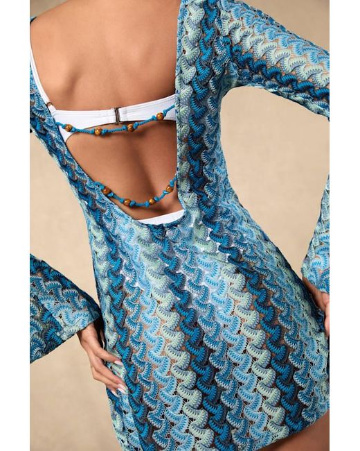 Lulus Blue Valestra Striped Crochet Long Sleeve Swim Cover-Up Dress