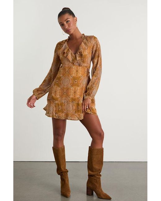 Lulus Brown Claire Boho Print Wrap Mini Dress