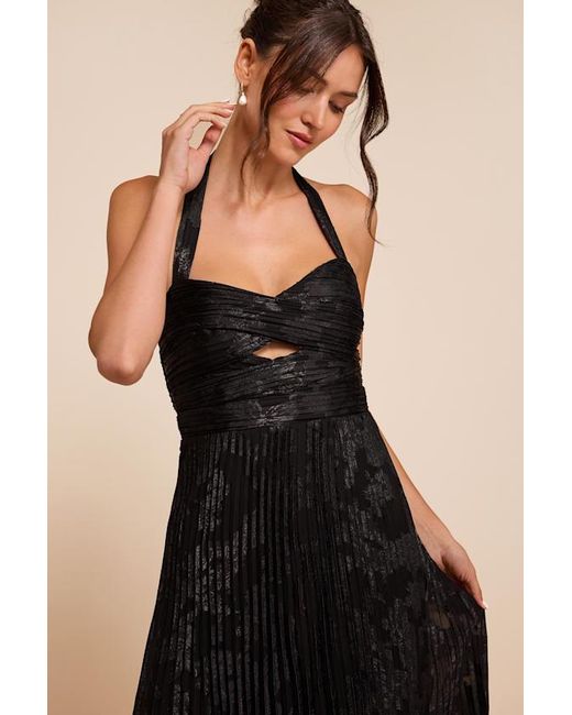 Lulus Black Krystal Floral Pleated Halter Maxi Dress