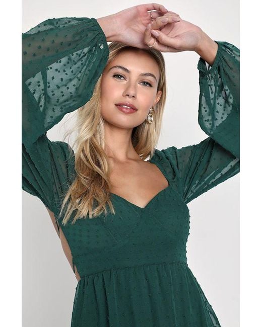 Lulus Green Longing And Love Emerald Swiss Dot Puff Long Sleeve Mini Dress