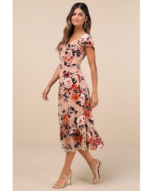 Lulus Pink Composed Beauty Burnout Velvet Floral Midi Dress