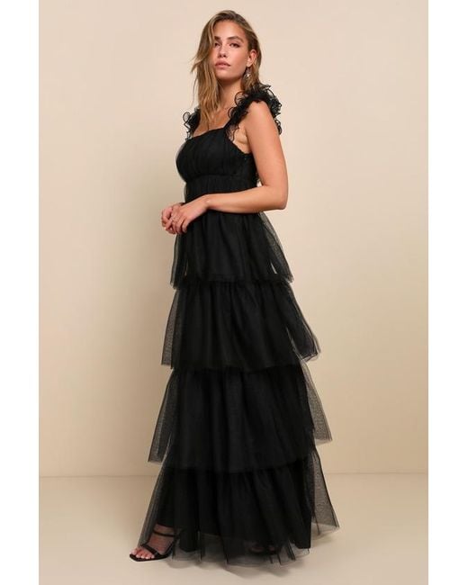 Lulus Black Tulle For Love Mesh Tulle Tiered Ruffled Maxi Dress