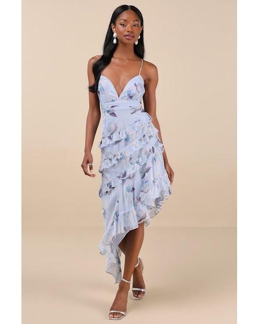 Lulus Saveria Floral Ruffled Asymmetrical Maxi Dress in Blue | Lyst