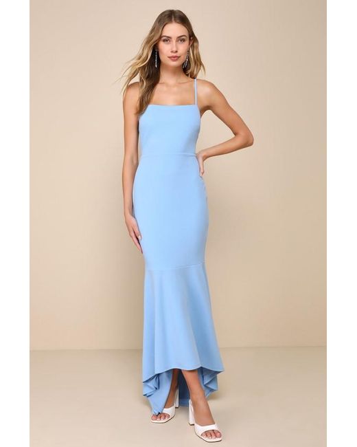 Lulus Blue Stunning Enchantment Backless Trumpet Hem Maxi Dress