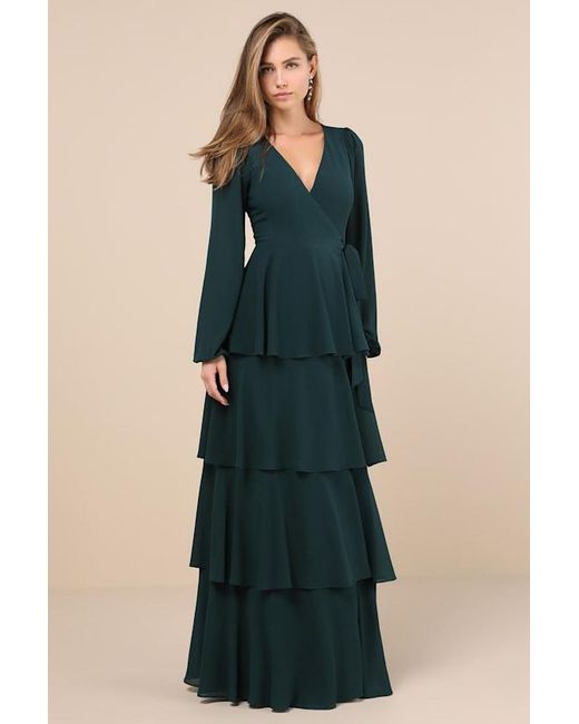 Lulus Marvelous Grace Emerald Long Sleeve Tiered Wrap Maxi Dress in Blue | Lyst Lulus Marvelous Grace Emerald Long Sleeve Tiered Wrap Maxi Dress in Blue | Lyst