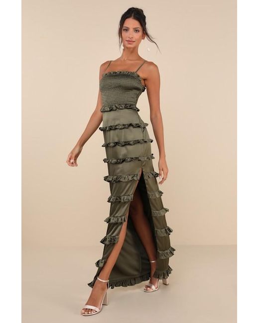 Lulus Natural Sincerely Fabulous Satin Smocked Ruffled Maxi Dress