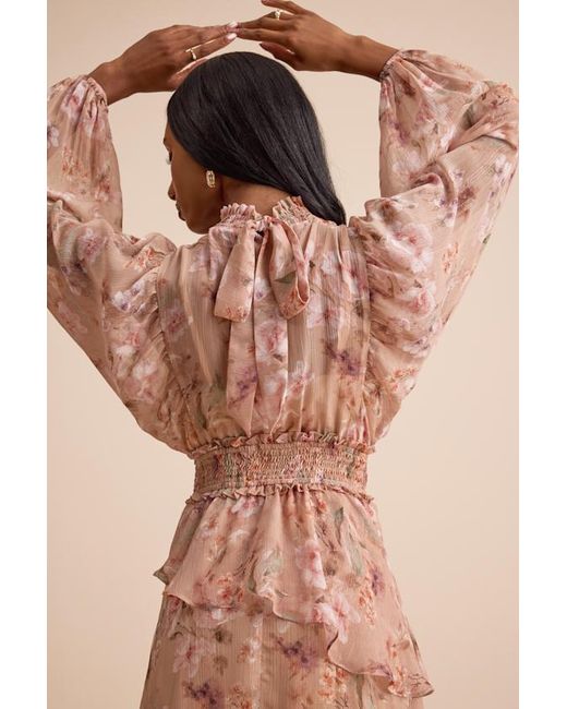 Lulus Brown Wexler Floral Tiered Mock Neck Long Sleeve Maxi Dress