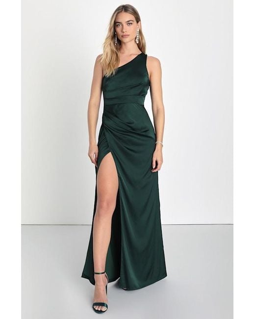 Lulus Green Dreaming Of Elegance Emerald Satin One-Shoulder Maxi Dress