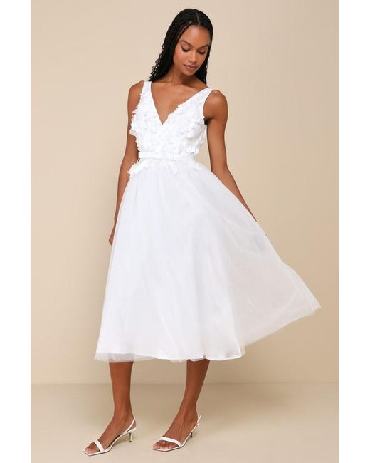 Lulus Natural Dreamy Presence Tulle Floral Applique Bow Midi Dress